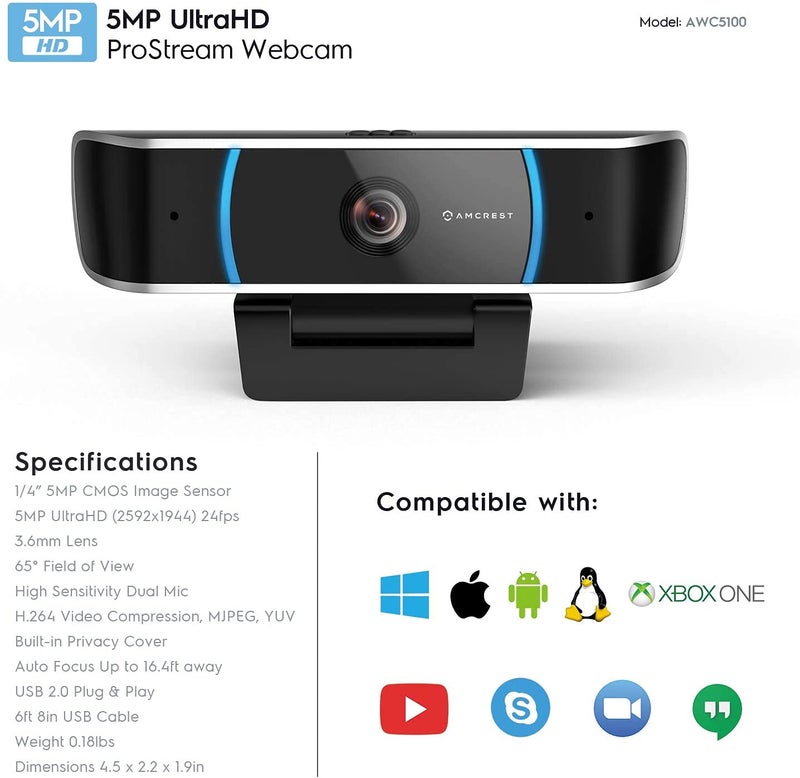 Amcrest 5-Megapixel Webcam with Microphone, Web Cam USB Camera, Computer HD Streaming Webcam for PC Desktop & Laptop w/Mic, Wide Angle Lens & Large Sensor for Superior Low Light (AWC5100) - Image 5